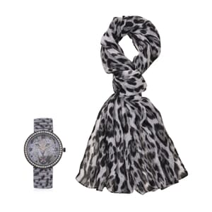 Strada Austrian Crystal Japanse Movement Snow Leopard Stretch Bracelet Watch with Stainless Steel Strap and Matching Scarf