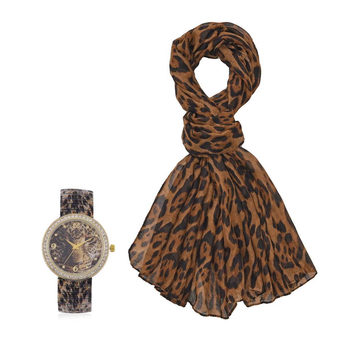 Strada Austrian Crystal Japanse Movement Leopard Stretch Bracelet Watch with Stainless Steel Strap and Matching Scarf image number 0