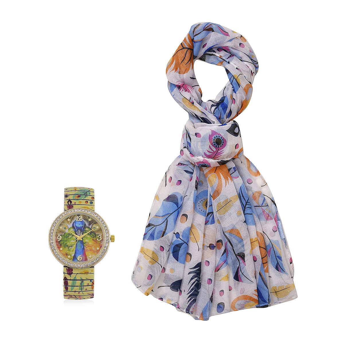 Strada Austrian Crystal Japanese Movement Peacock Stretch Bracelet Watch with Stainless Steel Strap and Matching Scarf image number 0