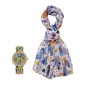 Strada Austrian Crystal Japanese Movement Peacock Stretch Bracelet Watch with Stainless Steel Strap and Matching Scarf