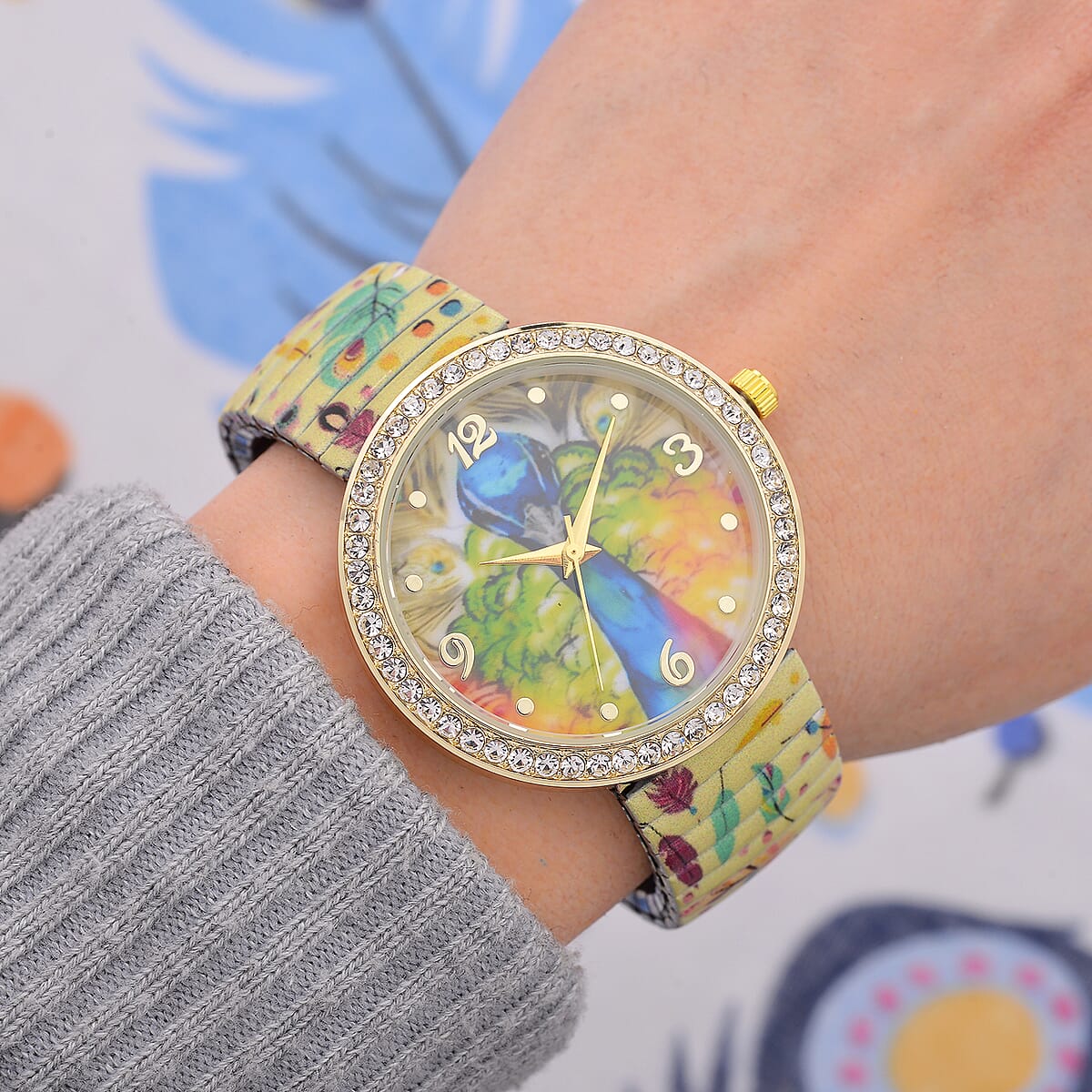 Strada Austrian Crystal Japanese Movement Peacock Stretch Bracelet Watch with Stainless Steel Strap and Matching Scarf image number 1