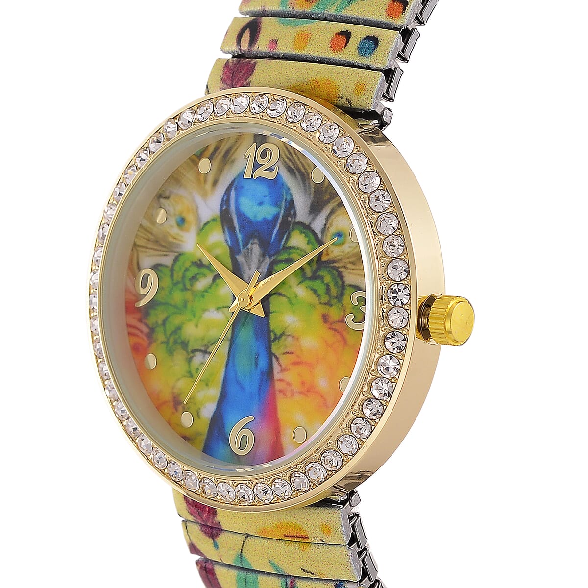 Strada Austrian Crystal Japanese Movement Peacock Stretch Bracelet Watch with Stainless Steel Strap and Matching Scarf image number 3