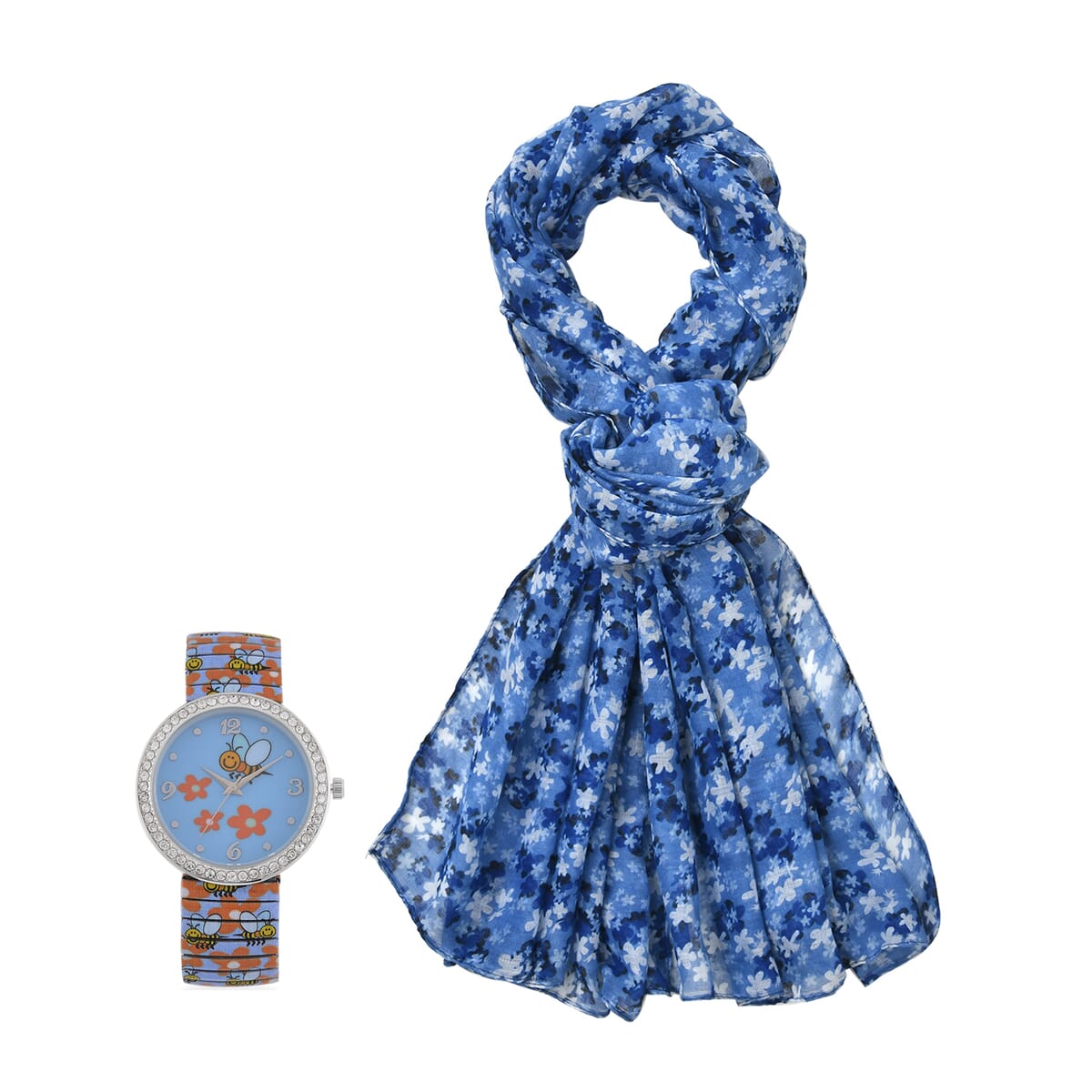 Strada Austrian Crystal Japanse Movement Floral Bee Stretch Bracelet Watch with Stainless Steel Strap and Matching Scarf image number 0