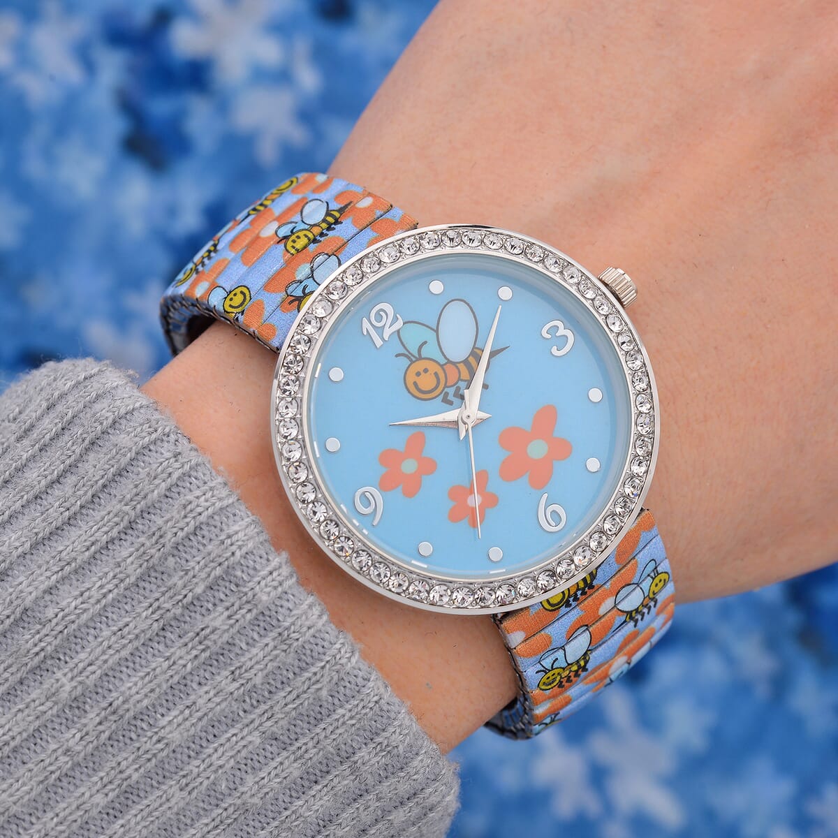 Strada Austrian Crystal Japanse Movement Floral Bee Stretch Bracelet Watch with Stainless Steel Strap and Matching Scarf image number 1
