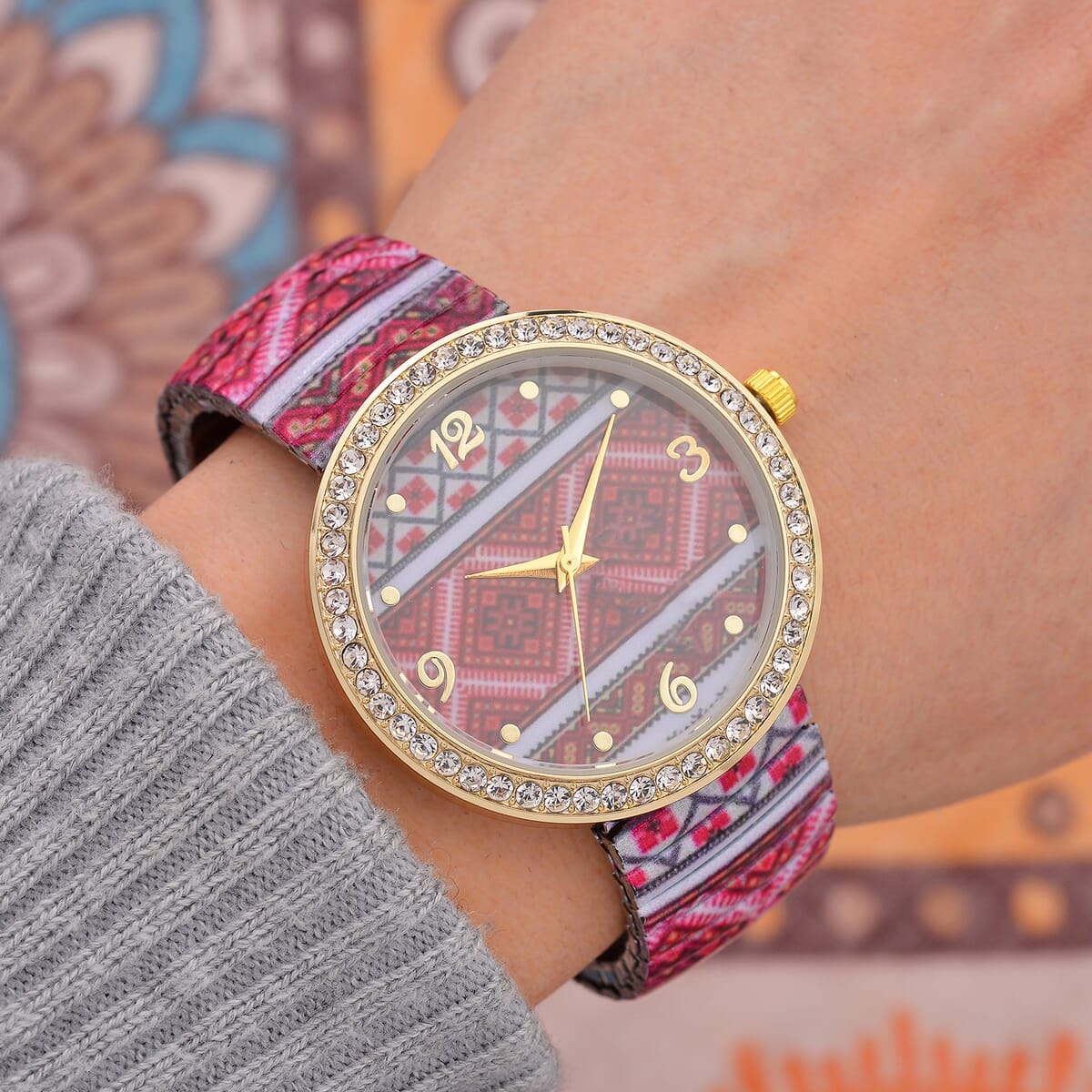 One Time Only Strada Austrian Crystal Japanse Movement Red Color Pattern Stretch Bracelet Watch with Stainless Steel Strap and Matching Scarf image number 1