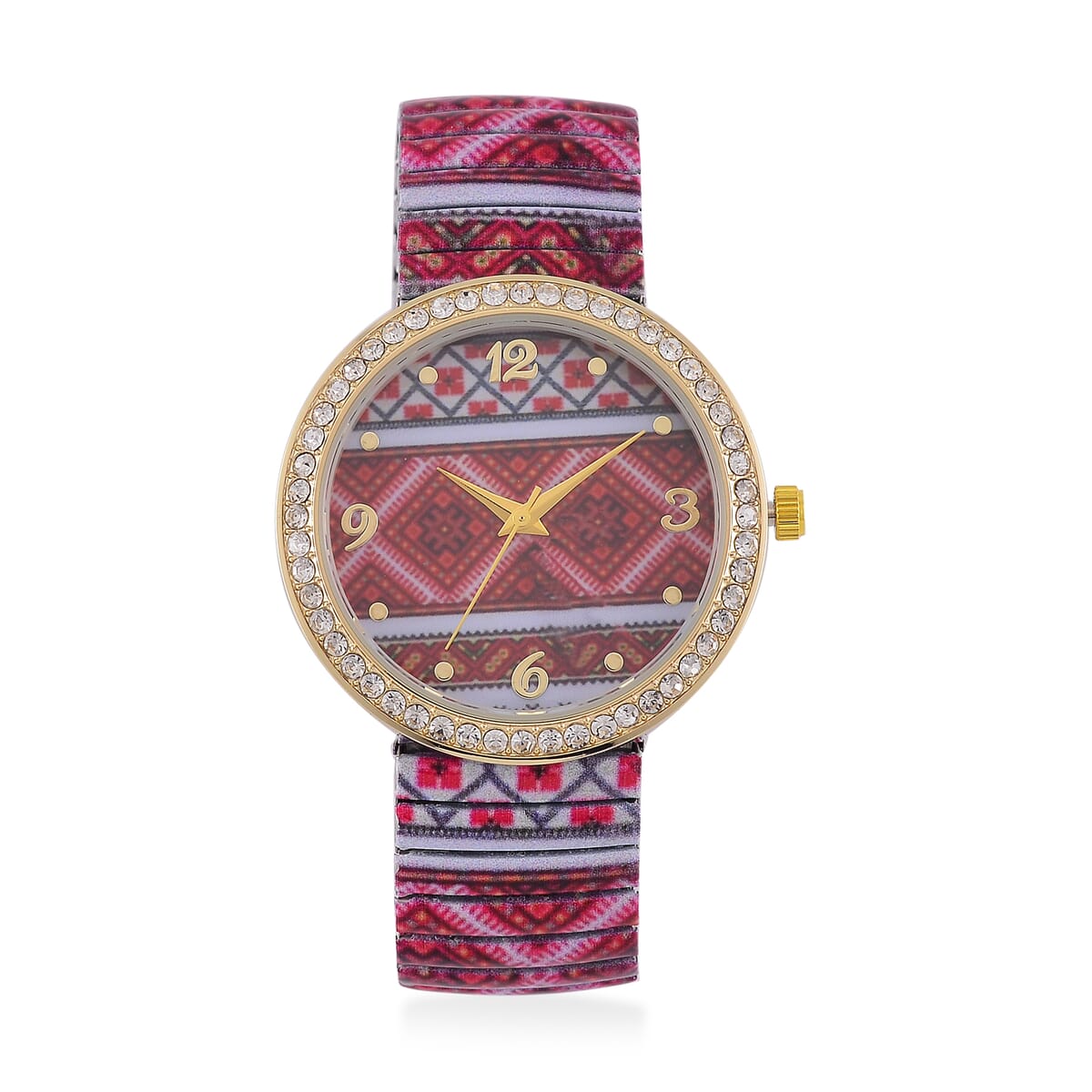 One Time Only Strada Austrian Crystal Japanse Movement Red Color Pattern Stretch Bracelet Watch with Stainless Steel Strap and Matching Scarf image number 2