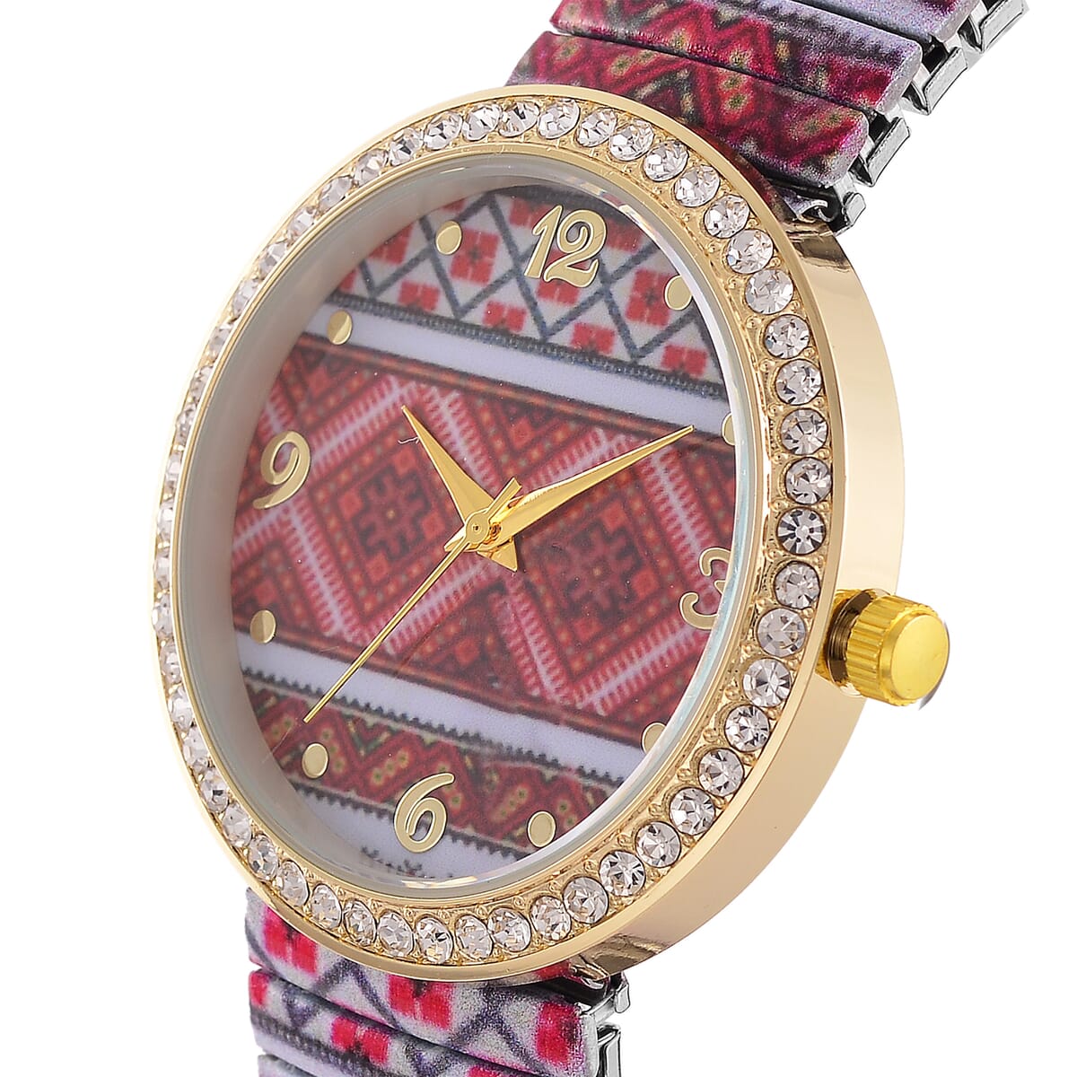 One Time Only Strada Austrian Crystal Japanse Movement Red Color Pattern Stretch Bracelet Watch with Stainless Steel Strap and Matching Scarf image number 3