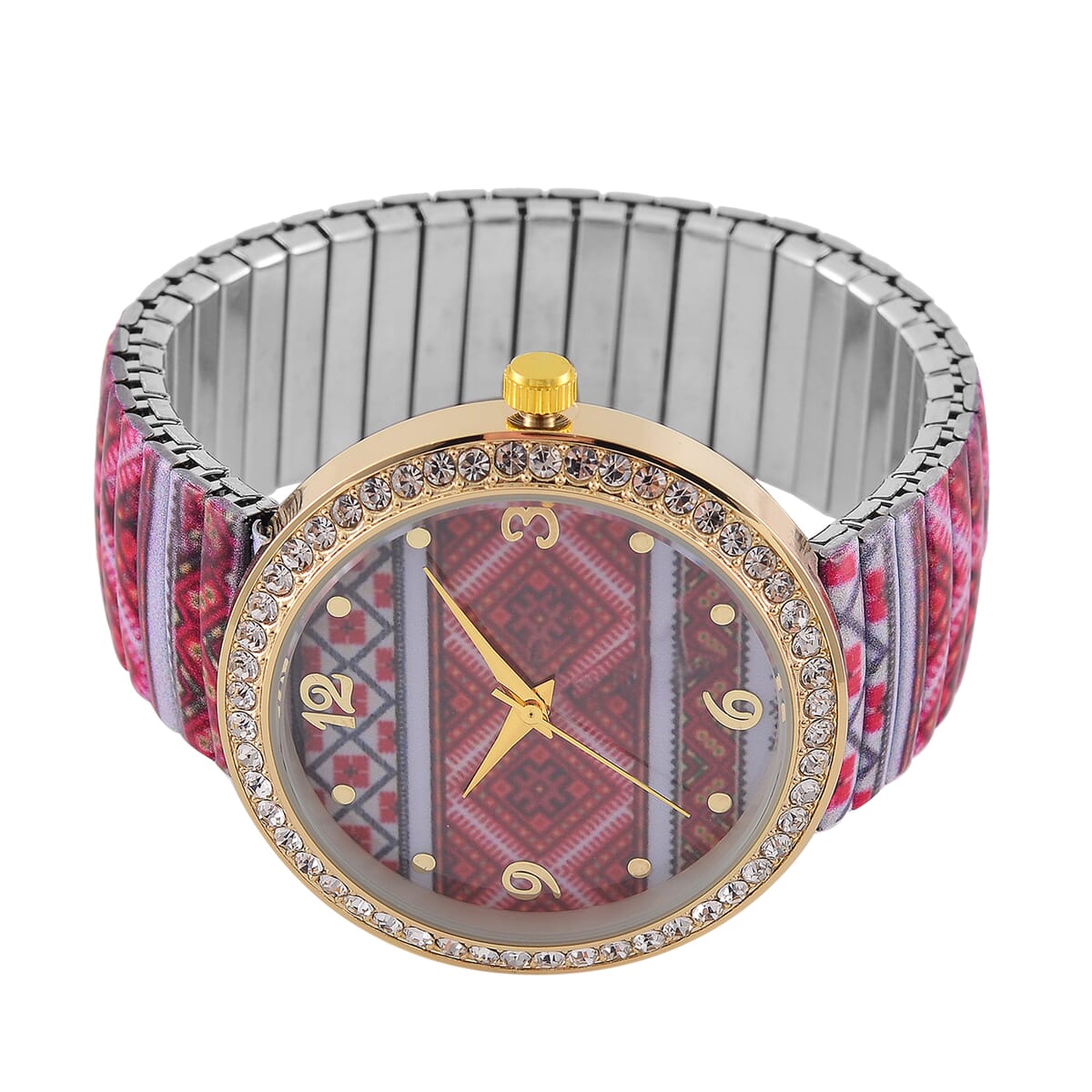 One Time Only Strada Austrian Crystal Japanse Movement Red Color Pattern Stretch Bracelet Watch with Stainless Steel Strap and Matching Scarf image number 4