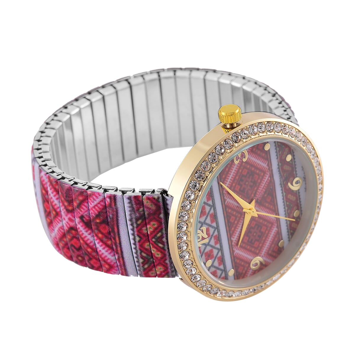 One Time Only Strada Austrian Crystal Japanse Movement Red Color Pattern Stretch Bracelet Watch with Stainless Steel Strap and Matching Scarf image number 5