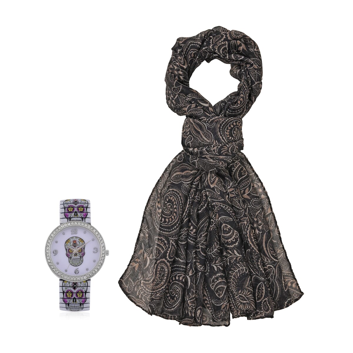Strada Austrian Crystal Japanse Movement Skull Stretch Bracelet Watch with Stainless Steel Strap and Matching Scarf image number 0