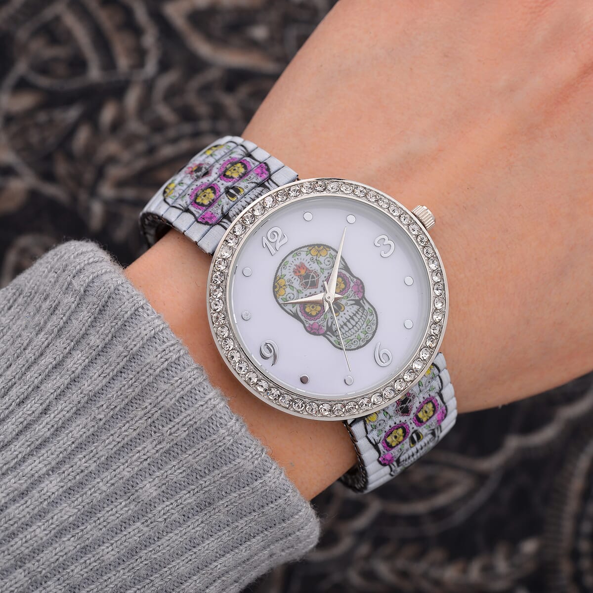 Strada Austrian Crystal Japanse Movement Skull Stretch Bracelet Watch with Stainless Steel Strap and Matching Scarf image number 1