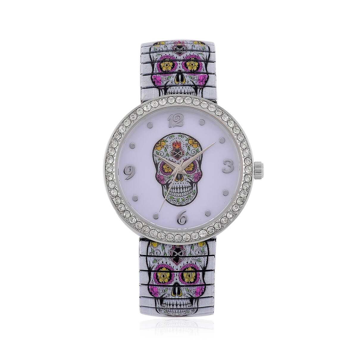 Strada Austrian Crystal Japanse Movement Skull Stretch Bracelet Watch with Stainless Steel Strap and Matching Scarf image number 2