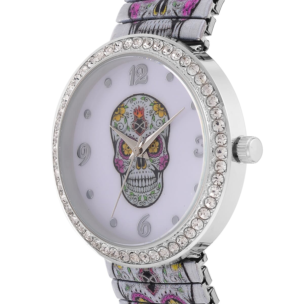 Strada Austrian Crystal Japanse Movement Skull Stretch Bracelet Watch with Stainless Steel Strap and Matching Scarf image number 3