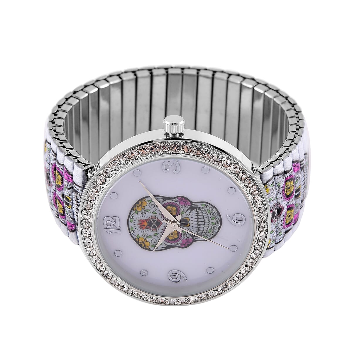 Strada Austrian Crystal Japanse Movement Skull Stretch Bracelet Watch with Stainless Steel Strap and Matching Scarf image number 4