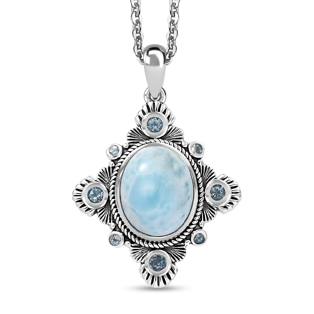 Artisan Crafted Natural Green Larimar and Sky Blue Topaz 6.40 ctw Floral Pendant Necklace in Rhodium Over Sterling Silver 20 Inches image number 0