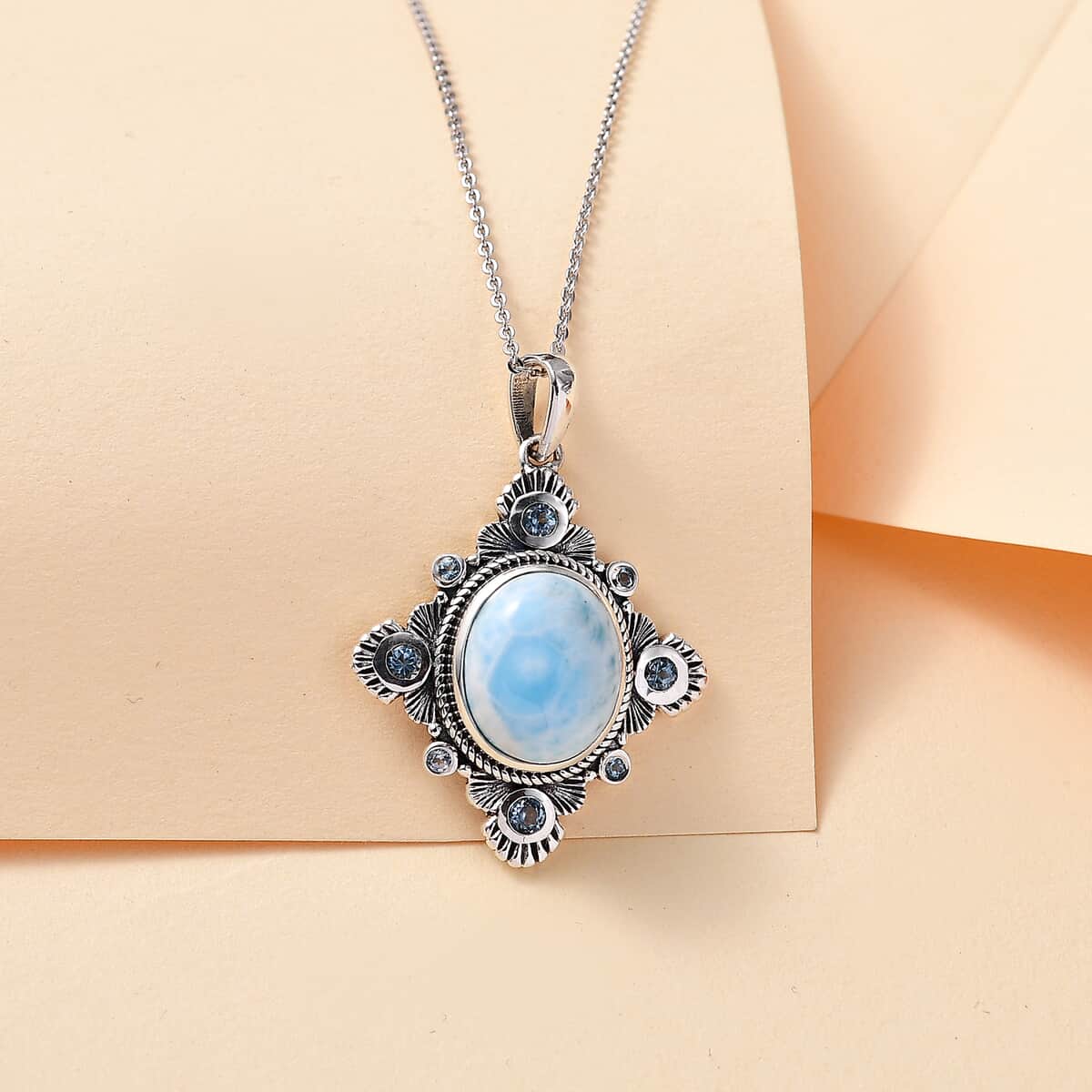 Artisan Crafted Natural Green Larimar and Sky Blue Topaz 6.40 ctw Floral Pendant Necklace in Rhodium Over Sterling Silver 20 Inches image number 1