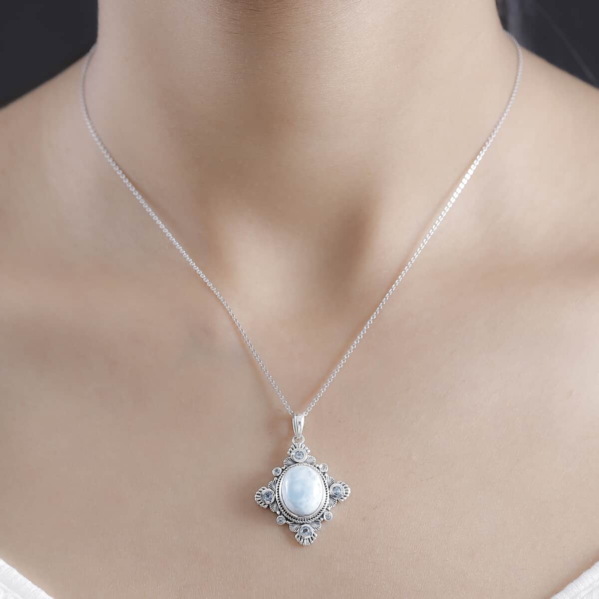 Artisan Crafted Natural Green Larimar and Sky Blue Topaz 6.40 ctw Floral Pendant Necklace in Rhodium Over Sterling Silver 20 Inches image number 2