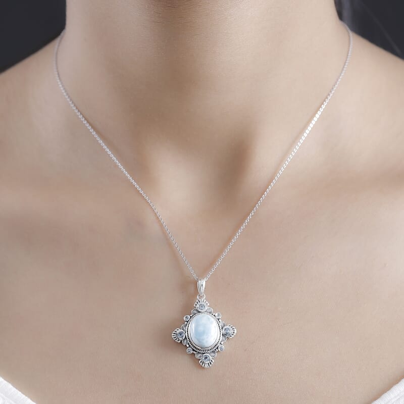 Artisan Crafted Natural Green Larimar and Sky Blue Topaz 6.40 ctw Floral Pendant Necklace in Rhodium Over Sterling Silver 20 Inches