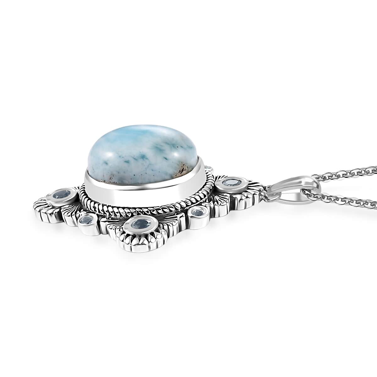 Artisan Crafted Natural Green Larimar and Sky Blue Topaz 6.40 ctw Floral Pendant Necklace in Rhodium Over Sterling Silver 20 Inches image number 3