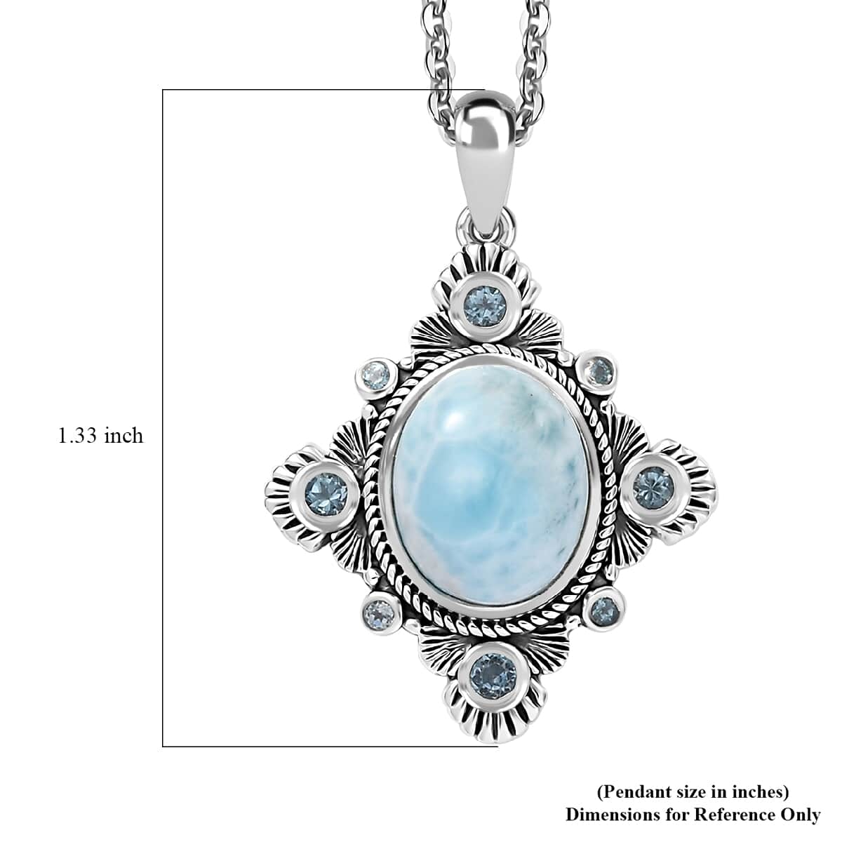 Artisan Crafted Natural Green Larimar and Sky Blue Topaz 6.40 ctw Floral Pendant Necklace in Rhodium Over Sterling Silver 20 Inches image number 6