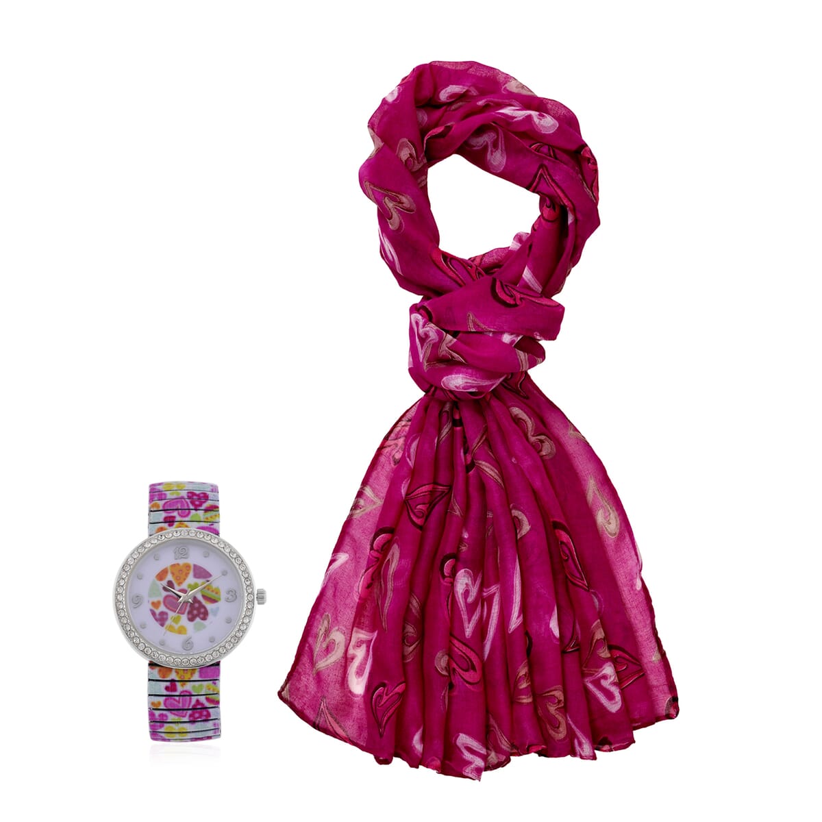 Strada Austrian Crystal Japanse Movement Heard Shape Pattern Stretch Bracelet Watch with Stainless Steel Strap and Matching Scarf image number 0