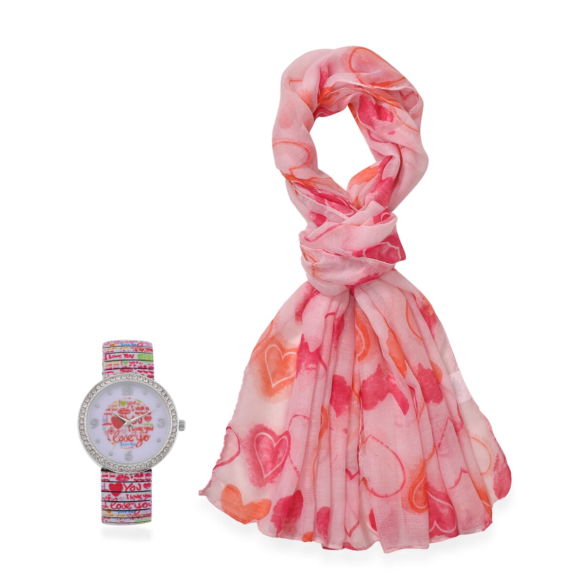 Strada Austrian Crystal Japanse Movement I Love You Pattern Stretch Bracelet Watch with Stainless Steel Strap and Matching Scarf image number 0