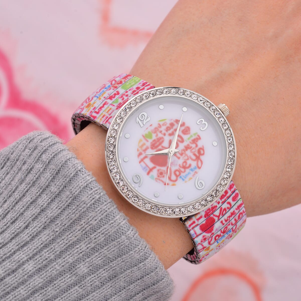 Strada Austrian Crystal Japanse Movement I Love You Pattern Stretch Bracelet Watch with Stainless Steel Strap and Matching Scarf image number 1