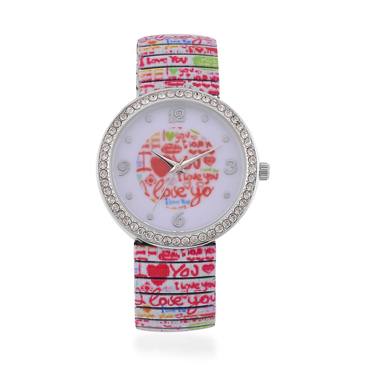 Strada Austrian Crystal Japanse Movement I Love You Pattern Stretch Bracelet Watch with Stainless Steel Strap and Matching Scarf image number 2