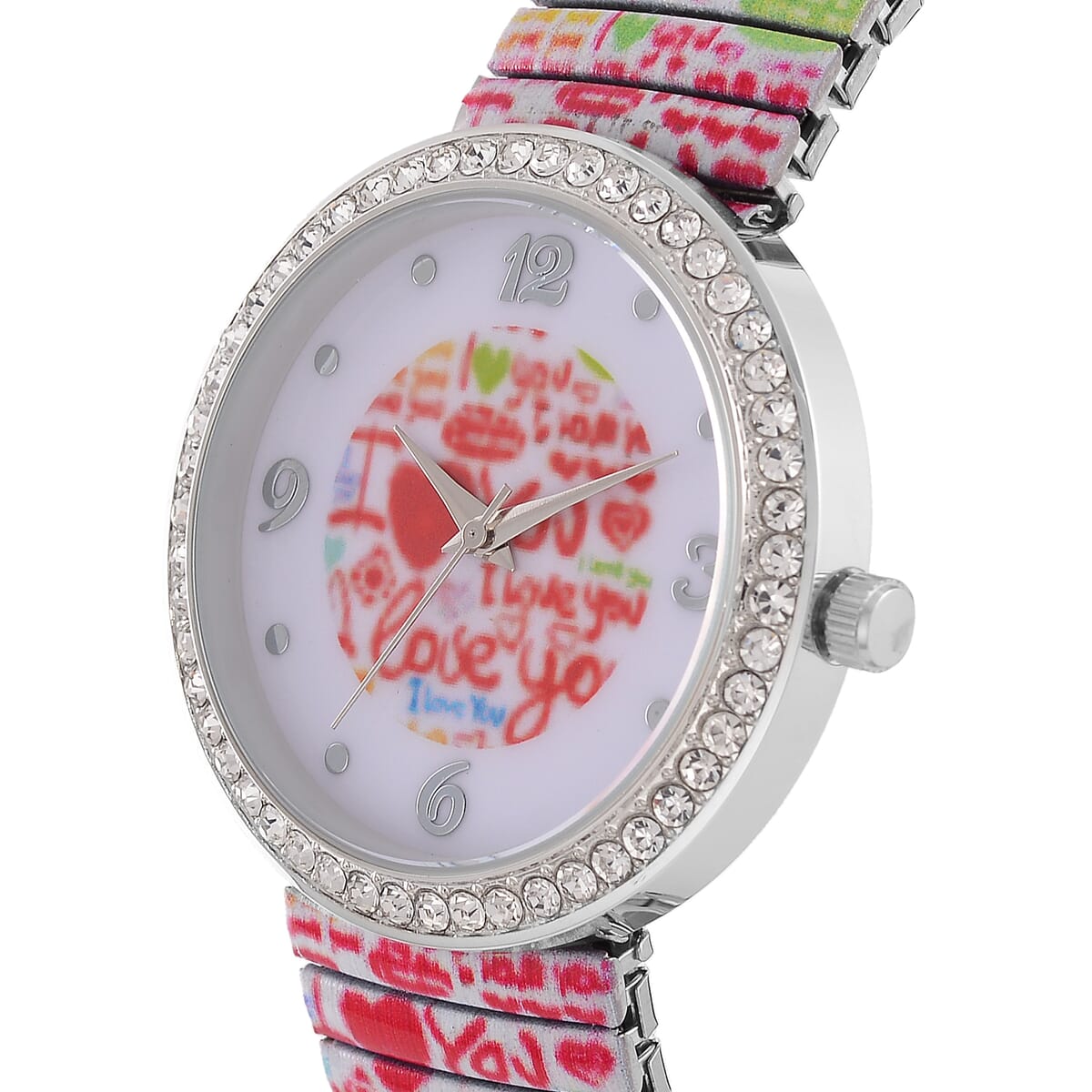 Strada Austrian Crystal Japanse Movement I Love You Pattern Stretch Bracelet Watch with Stainless Steel Strap and Matching Scarf image number 3