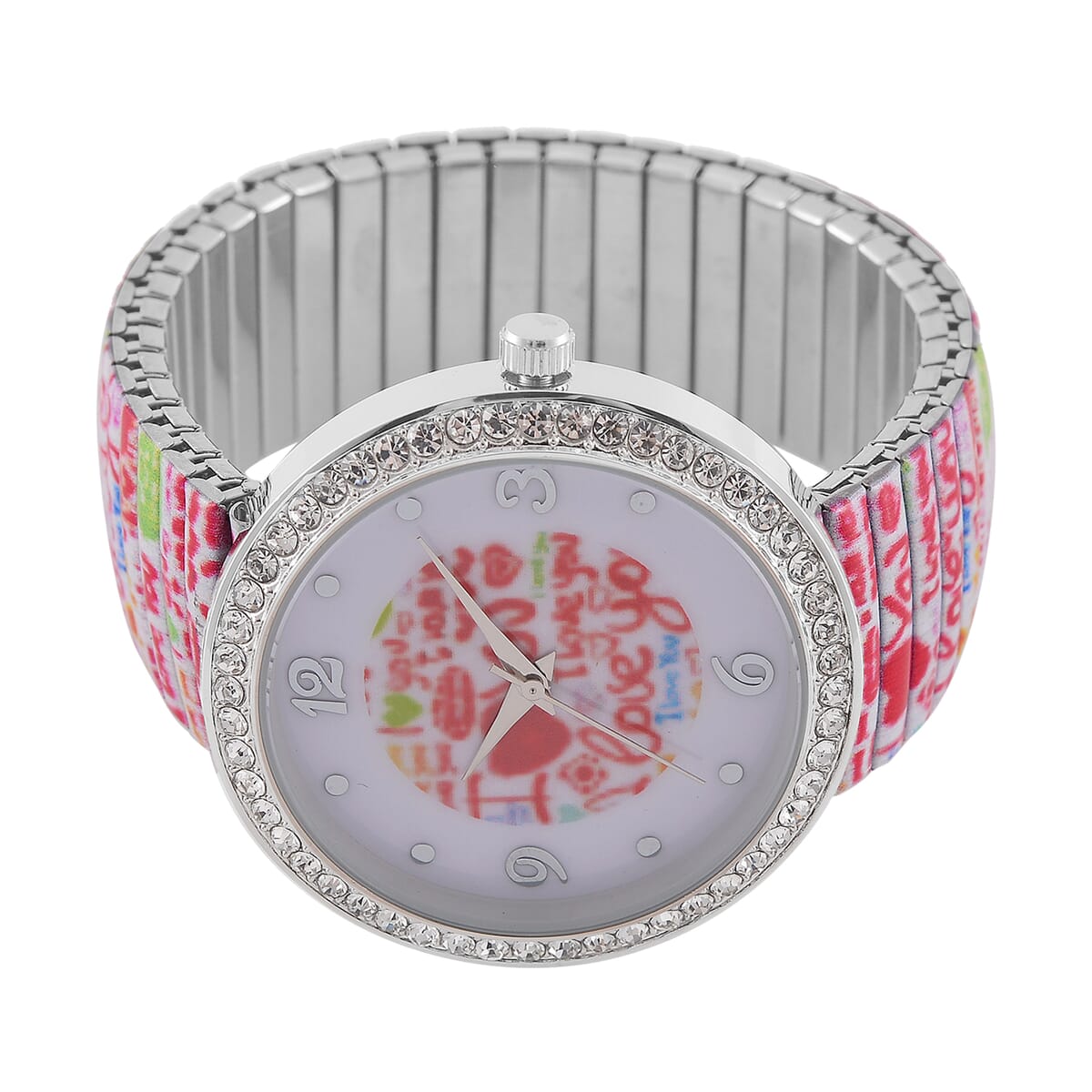Strada Austrian Crystal Japanse Movement I Love You Pattern Stretch Bracelet Watch with Stainless Steel Strap and Matching Scarf image number 4