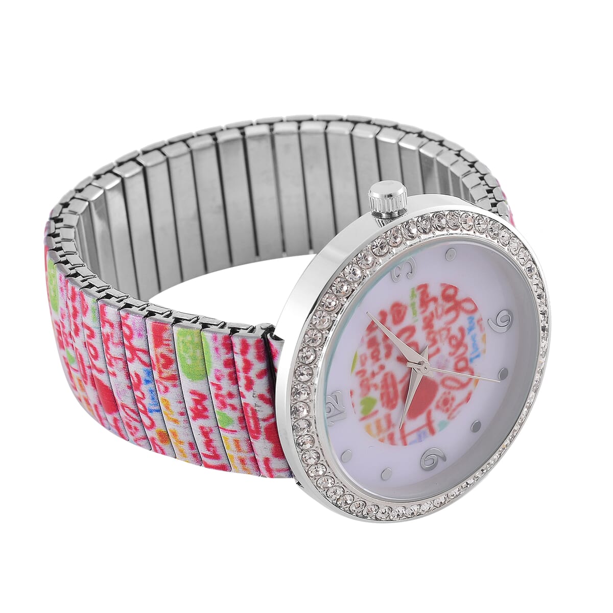Strada Austrian Crystal Japanse Movement I Love You Pattern Stretch Bracelet Watch with Stainless Steel Strap and Matching Scarf image number 5