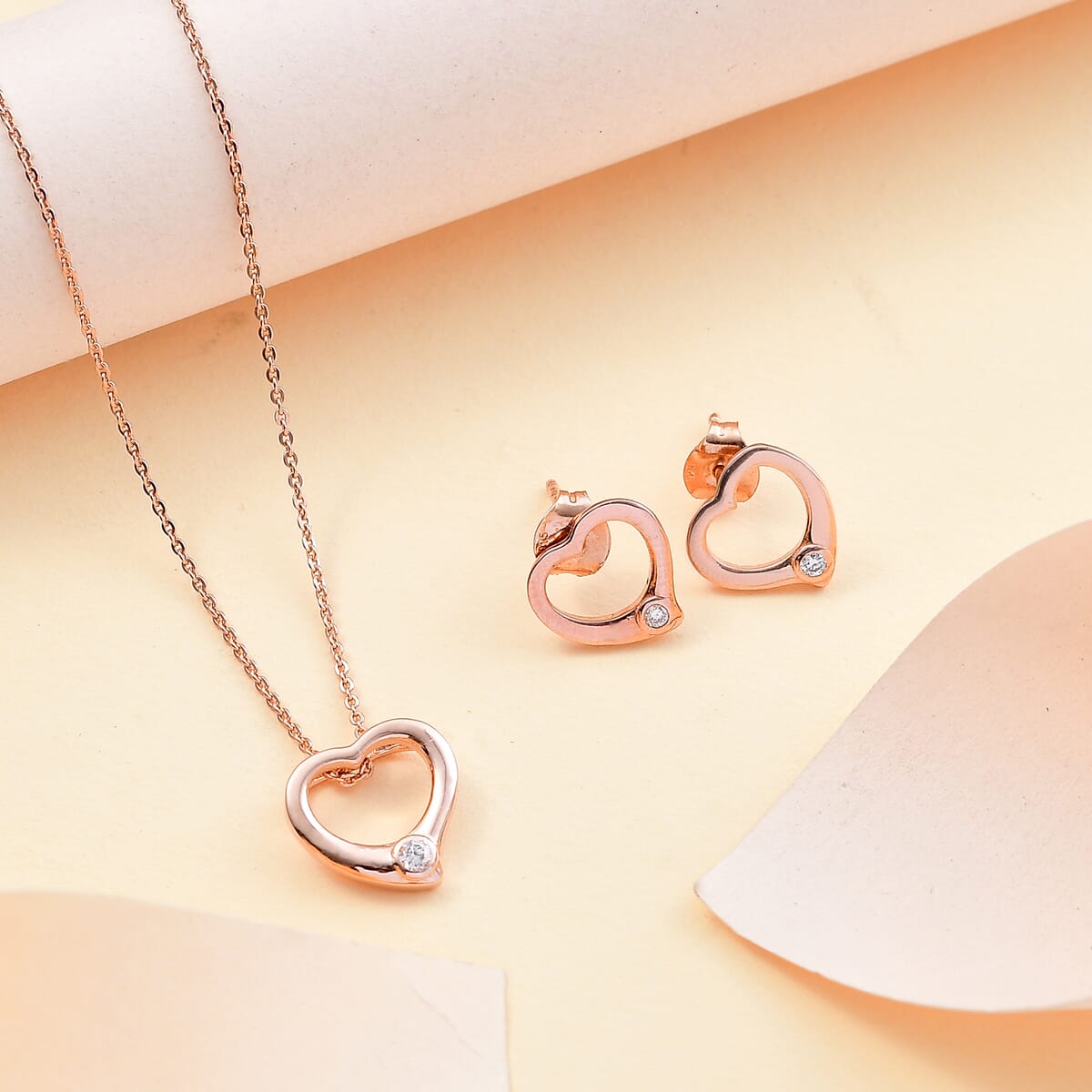 Luxuriant Lab Grown Diamond G SI 0.10 ctw Heart Earrings, Pendant Necklace in 18K Vermeil Rose Gold Over Sterling Silver 20 Inches image number 1