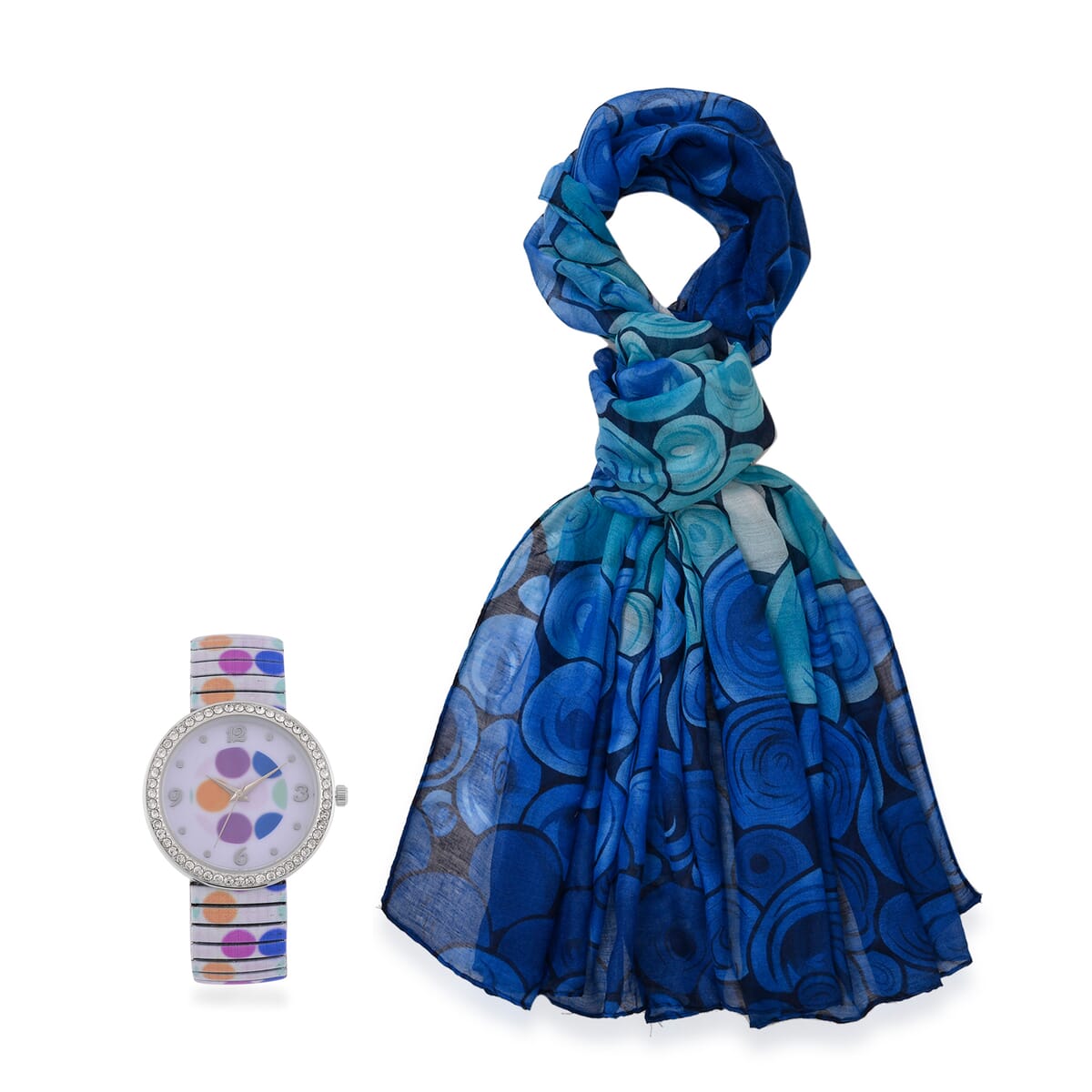 Strada Austrian Crystal Japanse Movement Round Shape Pattern Stretch Bracelet Watch with Stainless Steel Strap and Matching Scarf image number 0