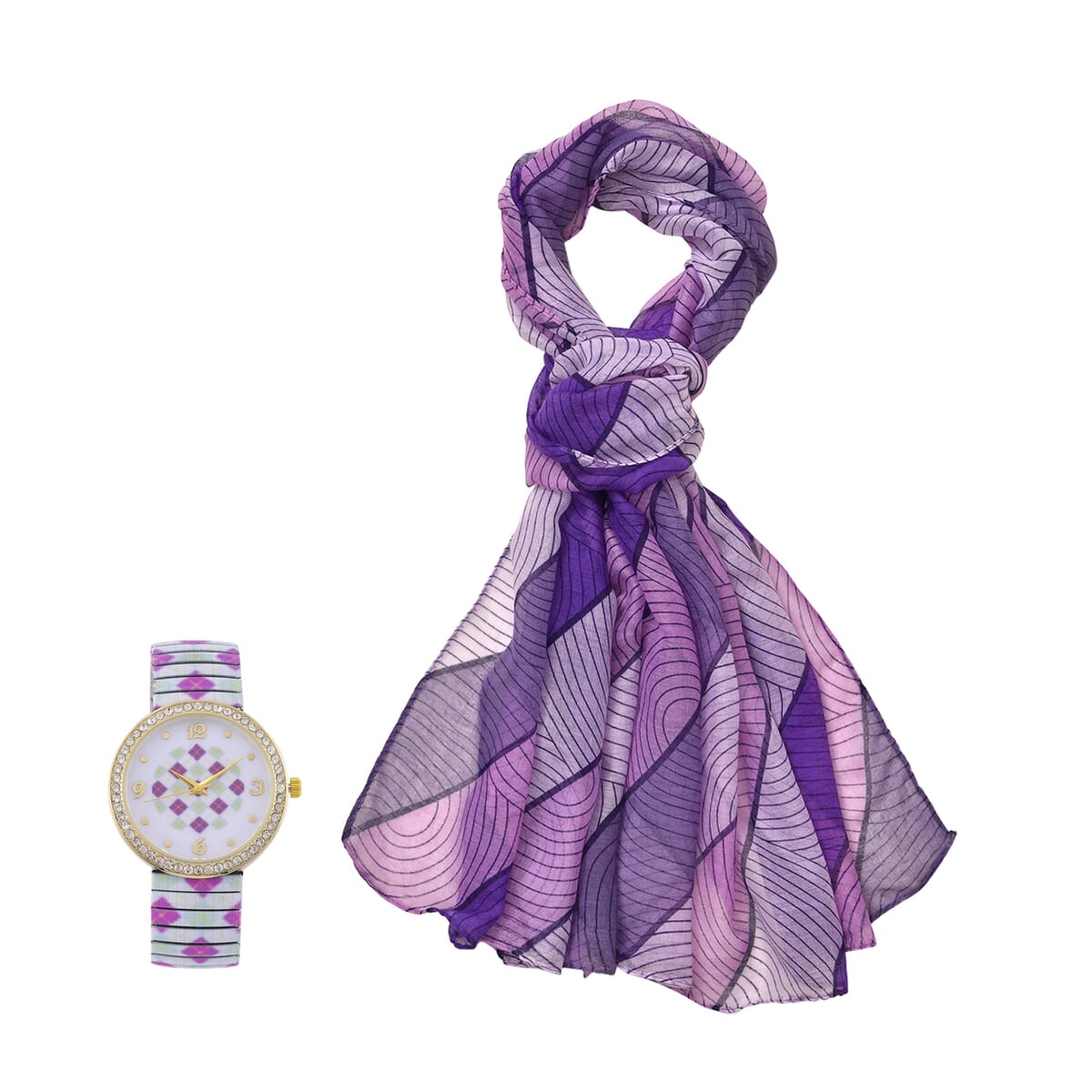 Strada Austrian Crystal Japanse Movement Square Shape Pattern Stretch Bracelet Watch with Stainless Steel Strap and Matching Scarf image number 0