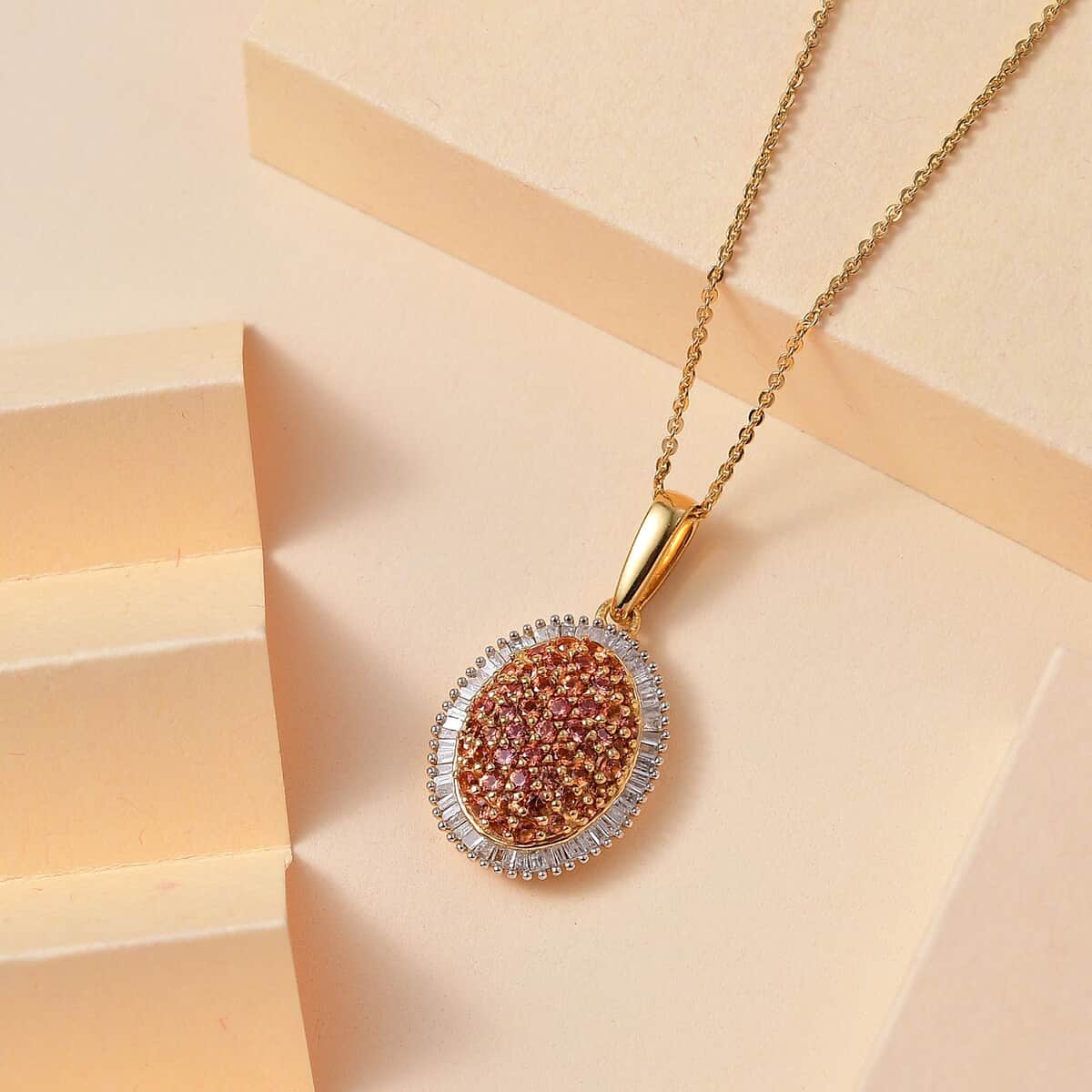 AAA Padparadscha Sapphire (BT) and Diamond 1.30 ctw Eclipse Bloom Pendant Necklace in 18K Vermeil Yellow Gold Over Sterling Silver 20 Inches image number 1