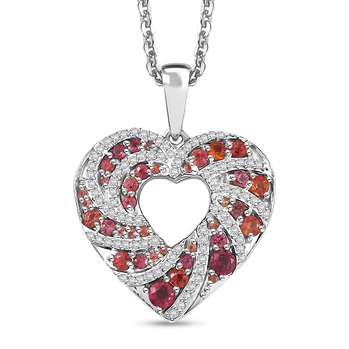 Premium Red Sapphire and Moissanite 1.30 ctw Heart Pendant Necklace in Rhodium Over Sterling Silver 20 Inches image number 0