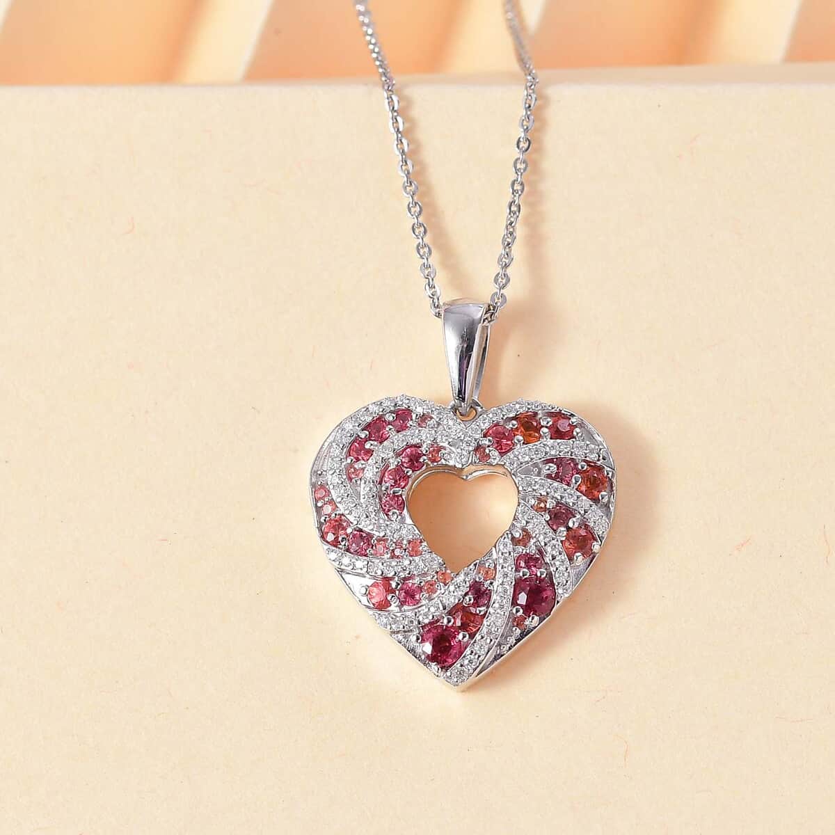 Premium Red Sapphire and Moissanite 1.30 ctw Heart Pendant Necklace in Rhodium Over Sterling Silver 20 Inches image number 1