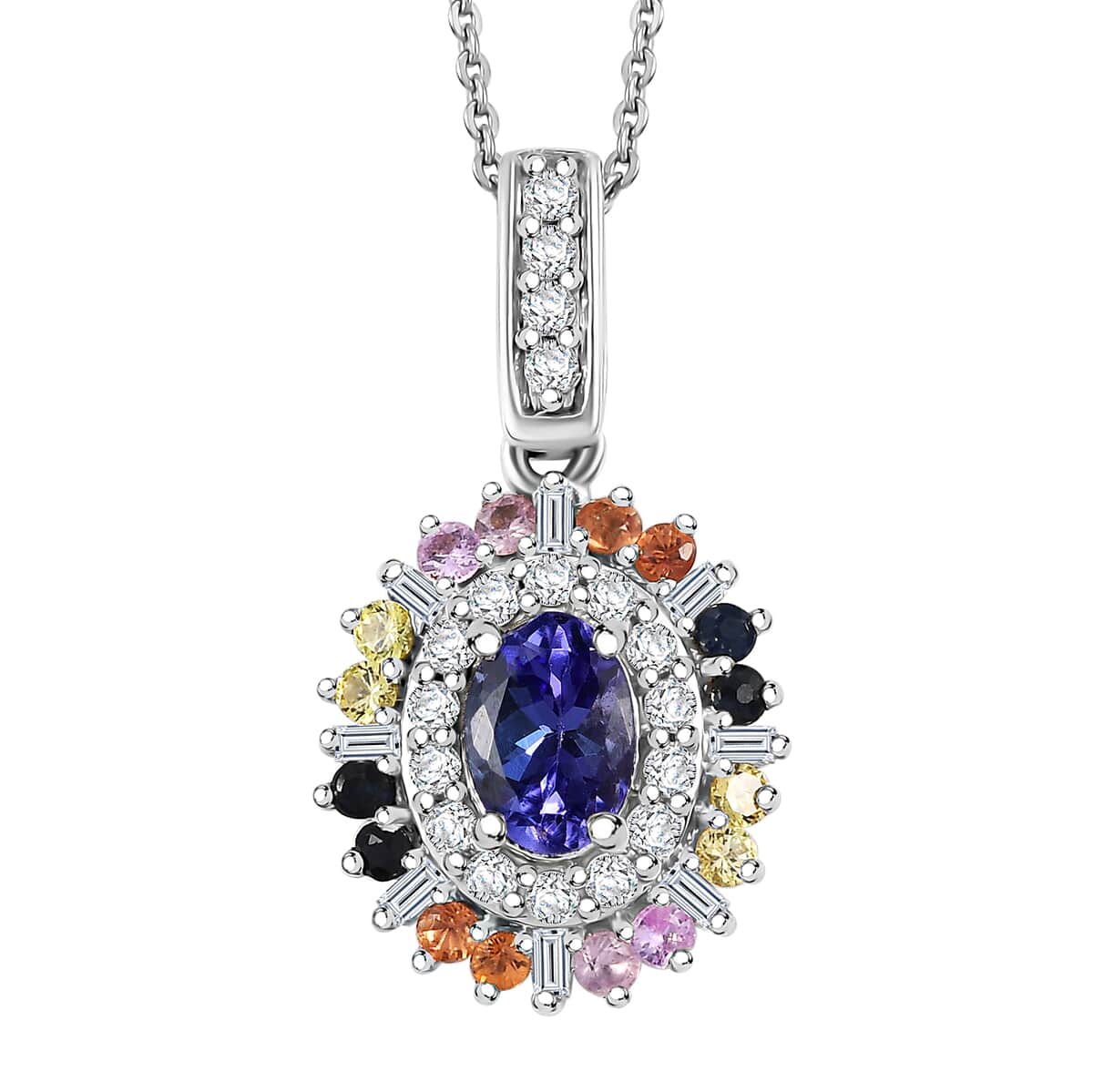 Tanzanite, Multi Sapphire and Moissanite 1.75 ctw Radiant Harmony Pendant Necklace in Rhodium Over Sterling Silver 20 Inches image number 0