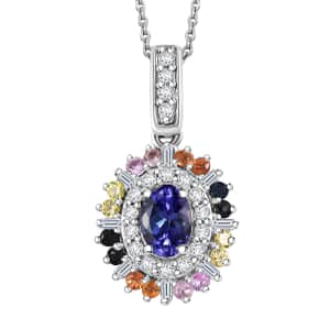 Tanzanite, Multi Sapphire and Moissanite 1.75 ctw Radiant Harmony Pendant Necklace in Rhodium Over Sterling Silver 20 Inches