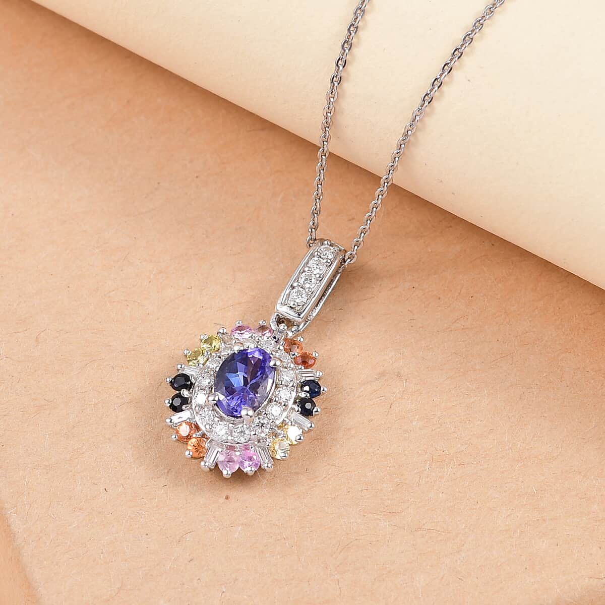 Tanzanite, Multi Sapphire and Moissanite 1.75 ctw Radiant Harmony Pendant Necklace in Rhodium Over Sterling Silver 20 Inches image number 1