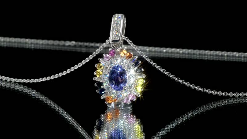 Tanzanite, Multi Sapphire and Moissanite 1.75 ctw Radiant Harmony Pendant Necklace in Rhodium Over Sterling Silver 20 Inches
