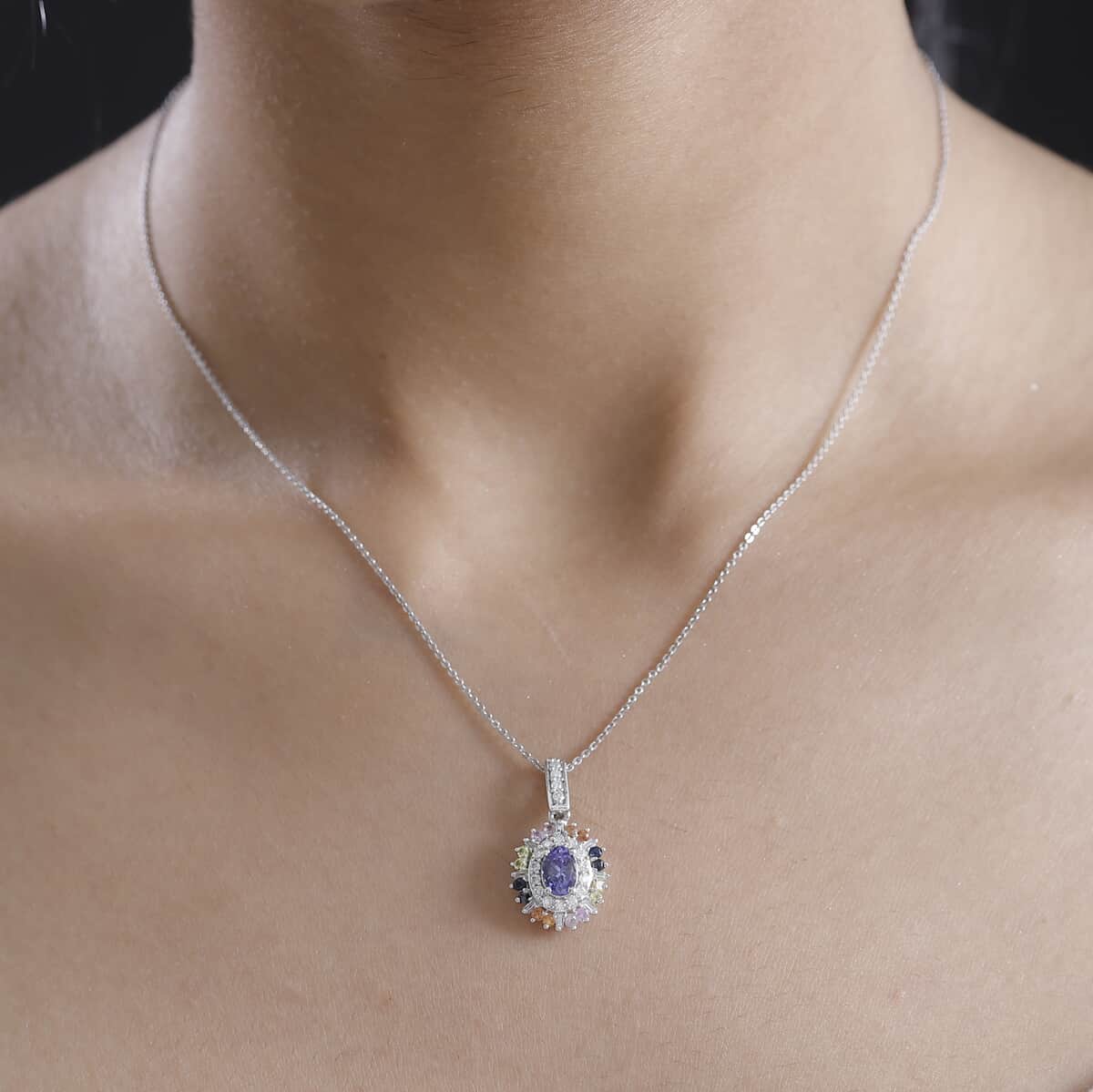 Tanzanite, Multi Sapphire and Moissanite 1.75 ctw Radiant Harmony Pendant Necklace in Rhodium Over Sterling Silver 20 Inches image number 2