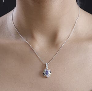 Tanzanite, Multi Sapphire and Moissanite 1.75 ctw Radiant Harmony Pendant Necklace in Rhodium Over Sterling Silver 20 Inches