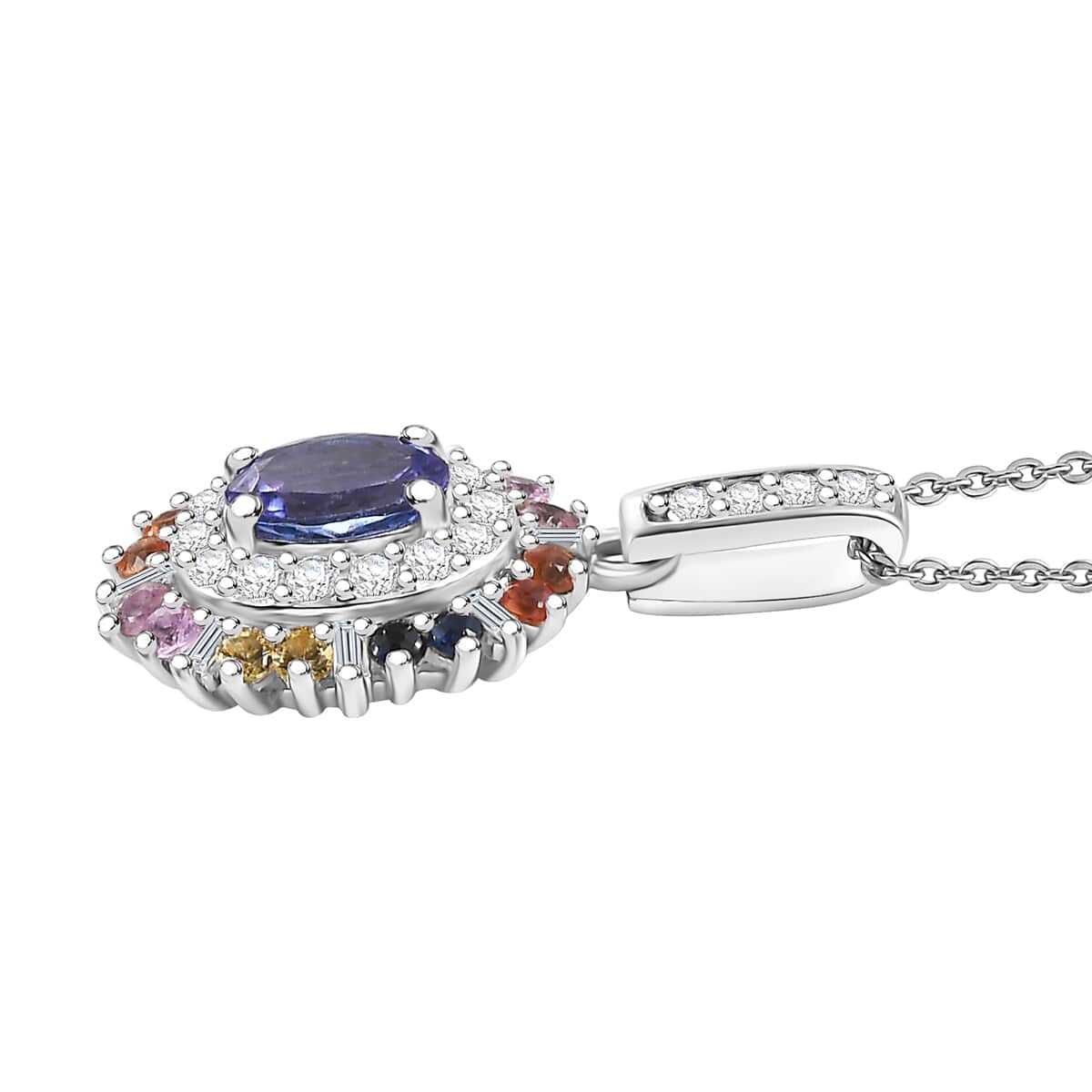 Tanzanite, Multi Sapphire and Moissanite 1.75 ctw Radiant Harmony Pendant Necklace in Rhodium Over Sterling Silver 20 Inches image number 3