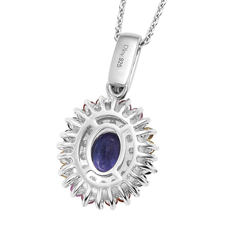 Tanzanite, Multi Sapphire and Moissanite 1.75 ctw Radiant Harmony Pendant Necklace in Rhodium Over Sterling Silver 20 Inches