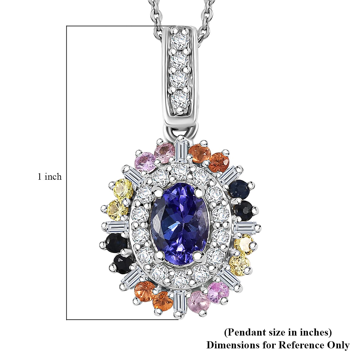 Tanzanite, Multi Sapphire and Moissanite 1.75 ctw Radiant Harmony Pendant Necklace in Rhodium Over Sterling Silver 20 Inches