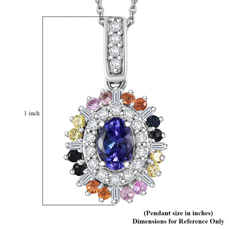 Tanzanite, Multi Sapphire and Moissanite 1.75 ctw Radiant Harmony Pendant Necklace in Rhodium Over Sterling Silver 20 Inches