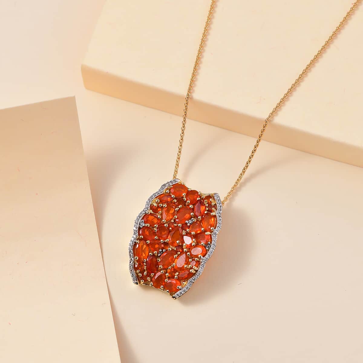 AAA Buriti Fire Opal, White and Brown Zircon 0.85 ctw Phoenix Ember Pendant Necklace in 18K Vermeil Yellow Gold Over Sterling Silver 20 Inches image number 1