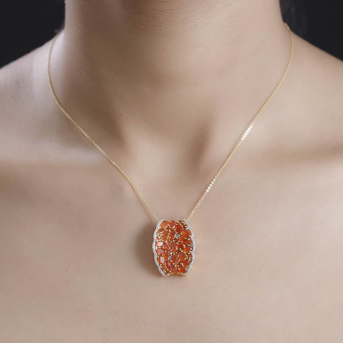 AAA Buriti Fire Opal, White and Brown Zircon 0.85 ctw Phoenix Ember Pendant Necklace in 18K Vermeil Yellow Gold Over Sterling Silver 20 Inches image number 2