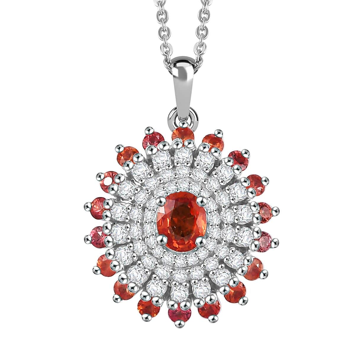 Doorbuster Premium Red Sapphire and Moissanite 1.50 ctw Solar Flare Pendant Necklace in Rhodium Over Sterling Silver 20 Inches image number 0